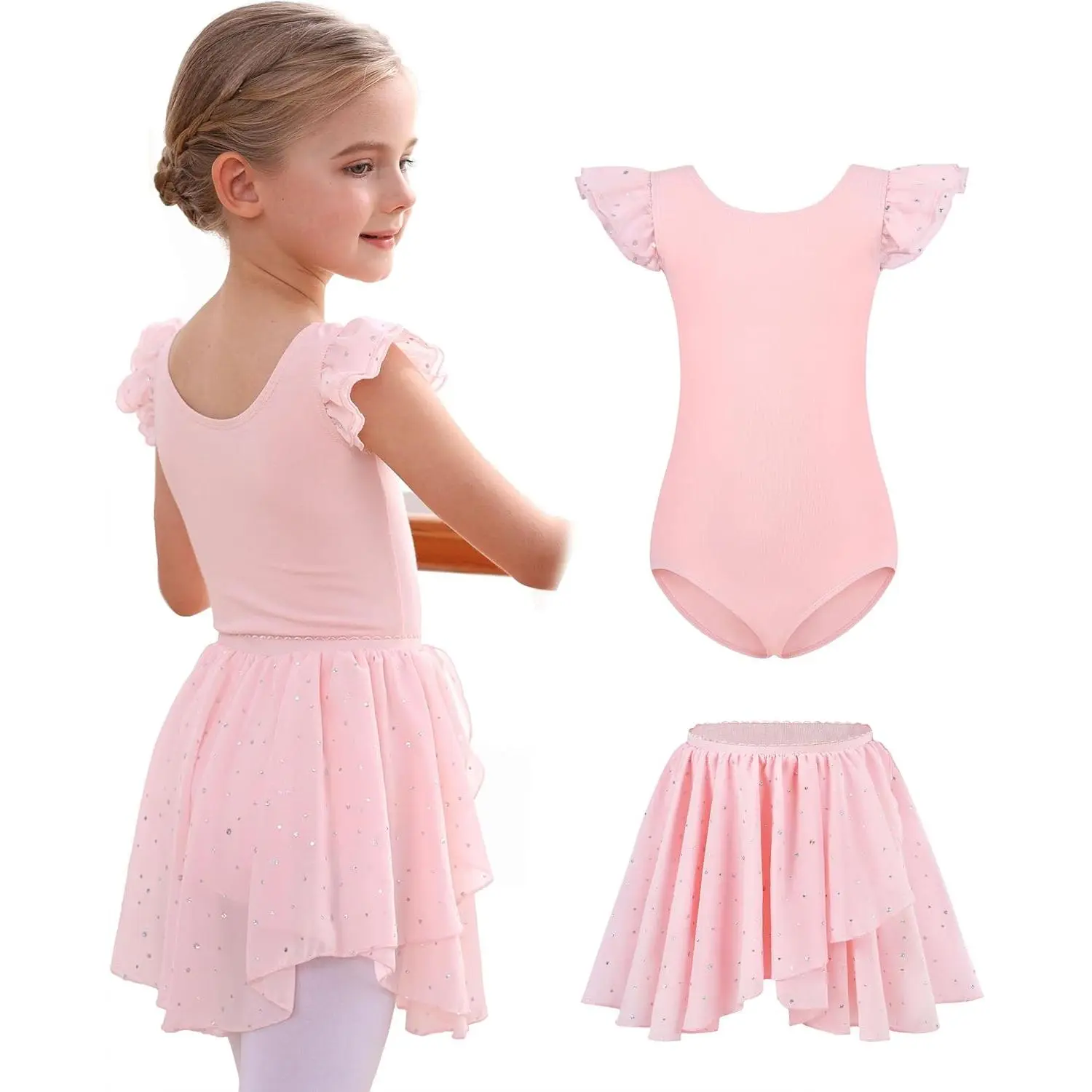 Girls' Ballet Leotard Dress with Ruffle Sleeves and Attached Swallowtail Skirt, Breathable Stretch Cotton Dancewear for Class, Costume Ideas, Recovery, Scoop Neck, Gymnastic, Small