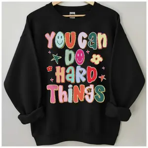 You Can Do Hard Things Sweatshirt, Retro Groovy Mental Health Sweater, Colorful Smiley Face, Positive Affirmation Graphic Pullover, Motivational Quote Crewneck, Aesthetic, Trendy Y2K Style