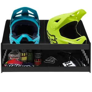 GARVEE Dual Helmet Bay Shelf - Durable Aluminum Holder for 3 Helmets with Additional Storage for Gloves, Goggles, Jerseys, and Side Hooks for Hanging Clothes - Ideal for Shops, Garages, and Storerooms