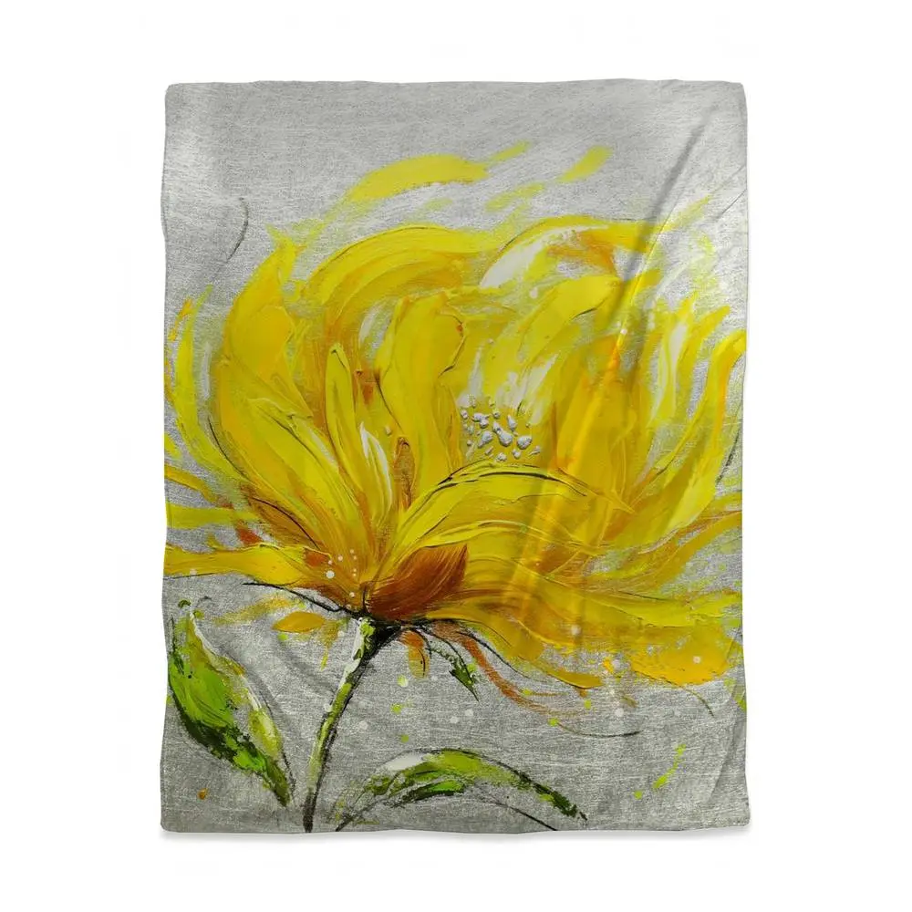 360 Stand Twin Size Duvet Cover, Soft Microfiber Bedding for Bedroom with Elegant Modern Contemporary Gray Base & Yellow Fluffy Flower Print, Zipper Closure, Machine Washable, Botanical Duvet Covers, Color-Accented Duvet Covers