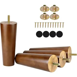 6 Inch Set of 4 Wood Furniture Legs, Predrilled M8 Bolt Replacement Feet with Mounting Nuts and Screws for Cabinet Couch Chair Sofa, Mid Century Style