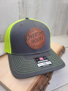 Overtime Hours Working All Day Leather Patch Hat FlexFit FlatBill Trucker Style Mens Dad Snapback Adjustable Richardson 112