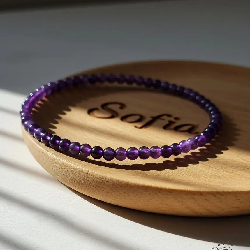 Handcrafted Sofia 4mm Natural Amethyst Purple Crystal Bracelet - Dainty Minimalist Stretch Pretty Bracelet for Adults, Daily Wear Valentine's Day Gift, Natural Crystal Anklets Alternative, Crystal Bracelets, No Warning Applicable