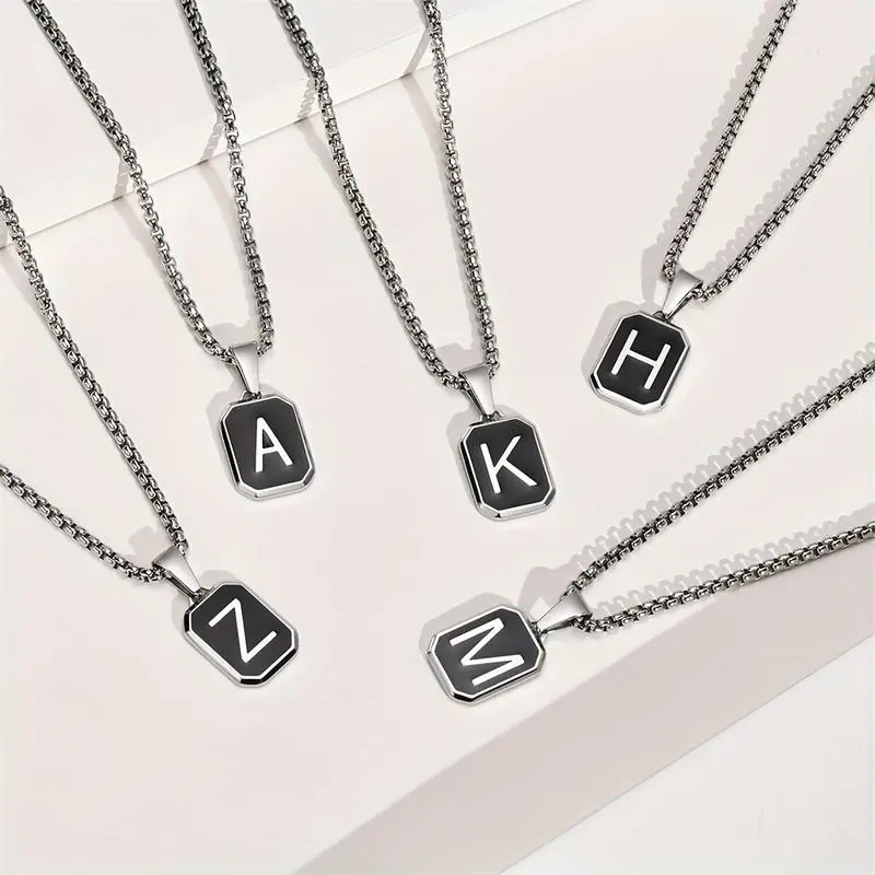 Unisex Initial Necklace A-Z, Square Capital Letter Charms in Black and Silver, Made of Stainless Steel, 24 Inch Chain, Ideal as a Gift or Jewelry Piece Unisex Initial Necklace A-Z, Square Capital Letter Charms in Black and Silver, Made of Stainless Steel, 24 Inch Chain, Ideal as a Gift or Jewelry Piece