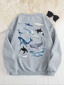 Women's Whale Print Drop Shoulder Sweatshirt, Casual Long Sleeve Round Neck Pullover for Fall & Winter, Women's Clothes for Daily Wear