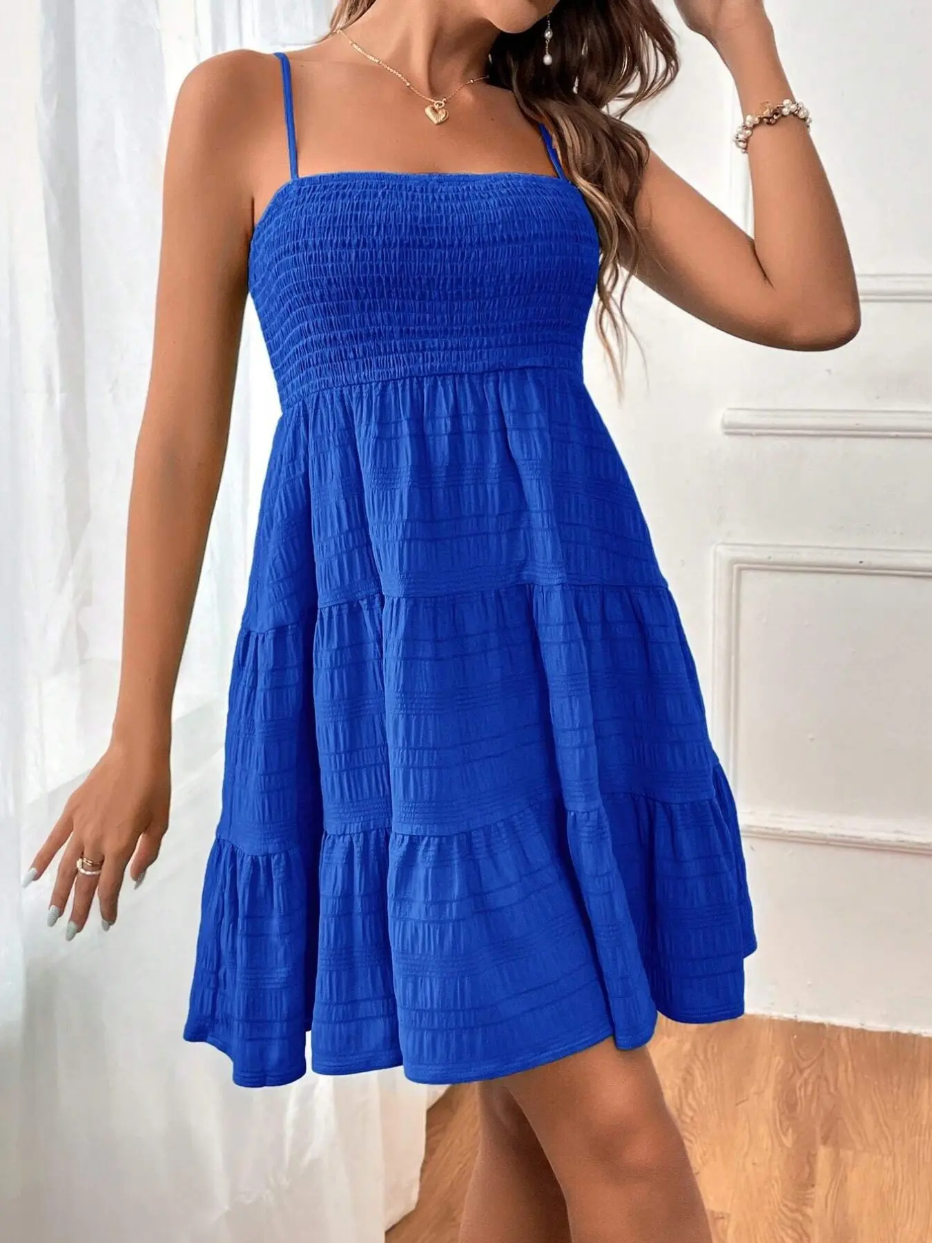 Thin-Strap Sleeveless Solid Color Textured Summer Dress, Casual Beach Sundress, Short and Versatile, Womenswear, Casual, Elegant and Chic Design, Perfect for Daily Wear and Special Occasions, Minimalist Dress