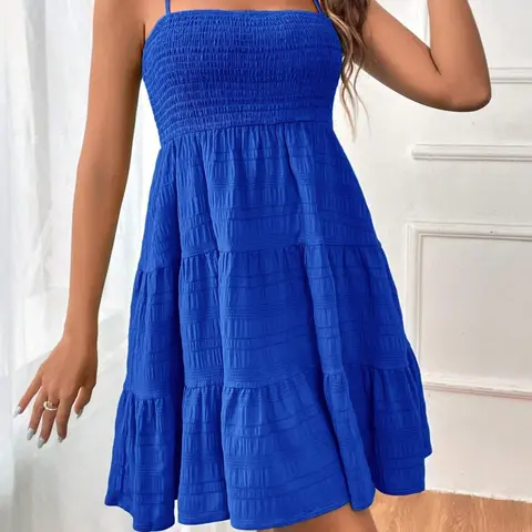 Thin-Strap Sleeveless Solid Color Textured Summer Dress, Casual Beach Sundress, Short and Versatile, Womenswear, Casual, Elegant and Chic Design, Perfect for Daily Wear and Special Occasions, Minimalist Dress, Beach Holiday Dresses