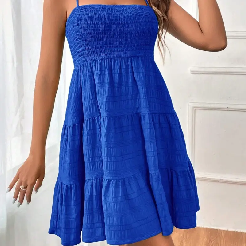 Thin-Strap Sleeveless Solid Color Textured Summer Dress, Casual Beach Sundress, Short and Versatile, Womenswear, Casual, Elegant and Chic Design, Perfect for Daily Wear and Special Occasions, Minimalist Dress, Beach Holiday Dresses