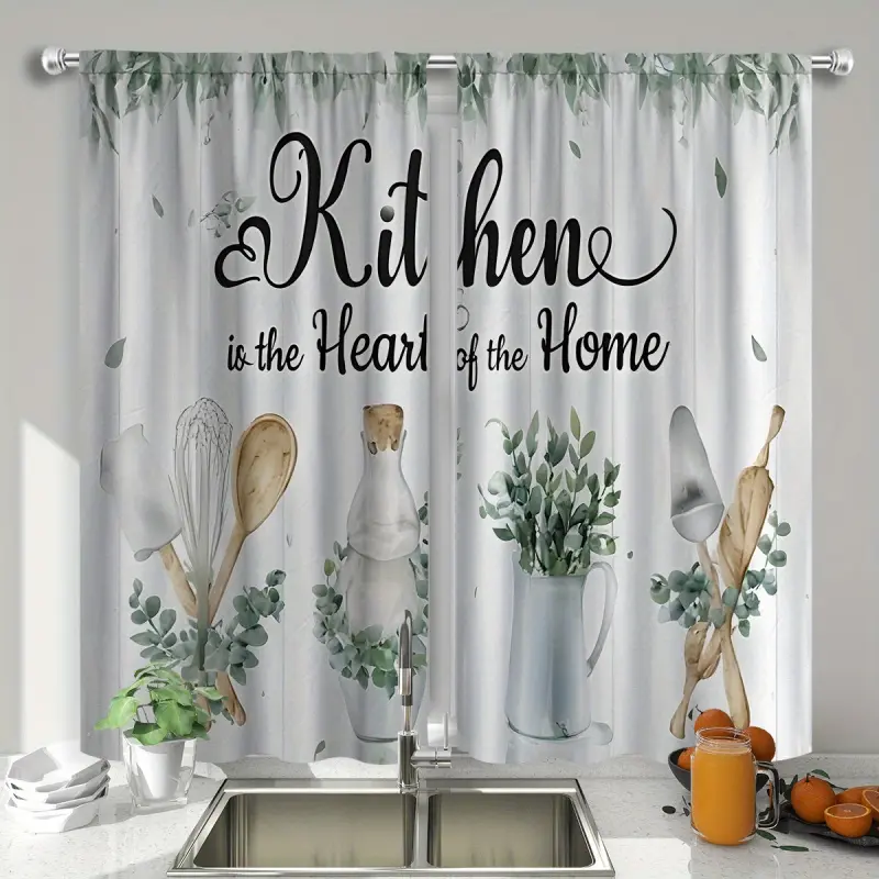 2pcs Semi-Transparent Ruffle Boho Floral Curtains - 2D Flat Print, Minimalist Green Plant & Wooden Tool Designs, Botanical Curtains, Machine Washable for Small Windows, Home Textile Decor Accessory