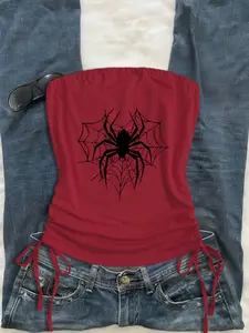 Millennial Y2K Gothic Spider Print Tube Top, Slim-Fitting Sleeveless Crop Top, Streetwear Style, Spring Summer New Arrival
