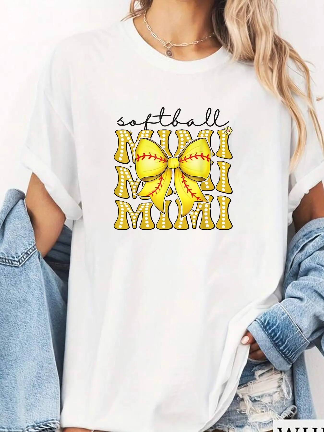 100% Cotton Softball Mimi Retro Softball Coquette Bow Groovy T-Shirt summer tees women