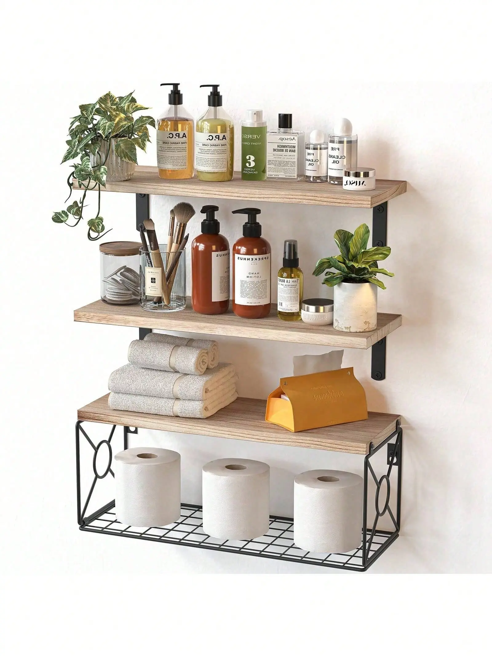 3+1 Tier Bathroom Floating Shelves Over Toilet, 15.8in Farmhouse Rustic Wood Shelves, Wall Decor For Bathroom, Living Room, Bedroom And Kitchen Home Bathroom Decor Bathroom Organizer