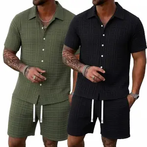Mens 2-Piece Casual Menswear Set, Short-Sleeve Button-Down Shirt & Shorts, Fashion Summer Tracksuits Outfit, Shortsleeve