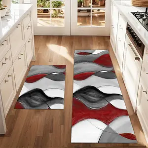 2Pcs black and red striped floor mat set vintage geometric texture printed carpet farmhouse anti fatigue kitchen carpet non slip and washable winter kitchen restaurant floor laundry room decoration carpet mat