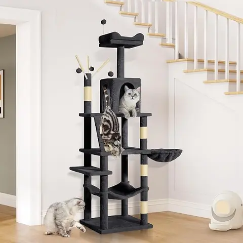 YITAHOME Modern Kitten Tower & Condo - 44/64.5in Solid Multi-Level Cotton Cat House with Sturdy Board, Cozy Hammock Perch, Basket, Scratch Post, Dangling Balls, Gentle Plush Fabric for Small-Medium Cats (Covers Play, Scratch, Rest)