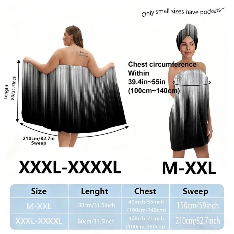 Women's Striped Bath Towel Skirt Set with Hair Wrap, Plus Size (XXXXL) - Black White Striped Bathrobe Skirt for Spa, Pool, or Beach, Festival Gift for Girls/Women (XXL Available)