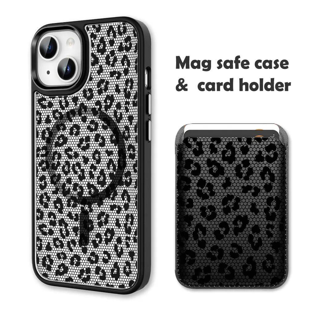 Black Leopard Print Silk Magnetic Shockproof Phone Case with Clear Card Holder Wallet, MagSafe-Compatible Wireless Accessory for iPhone 17/16 Pro Max, Smartphone & Cellphone Handheld Cover for Samsung S25