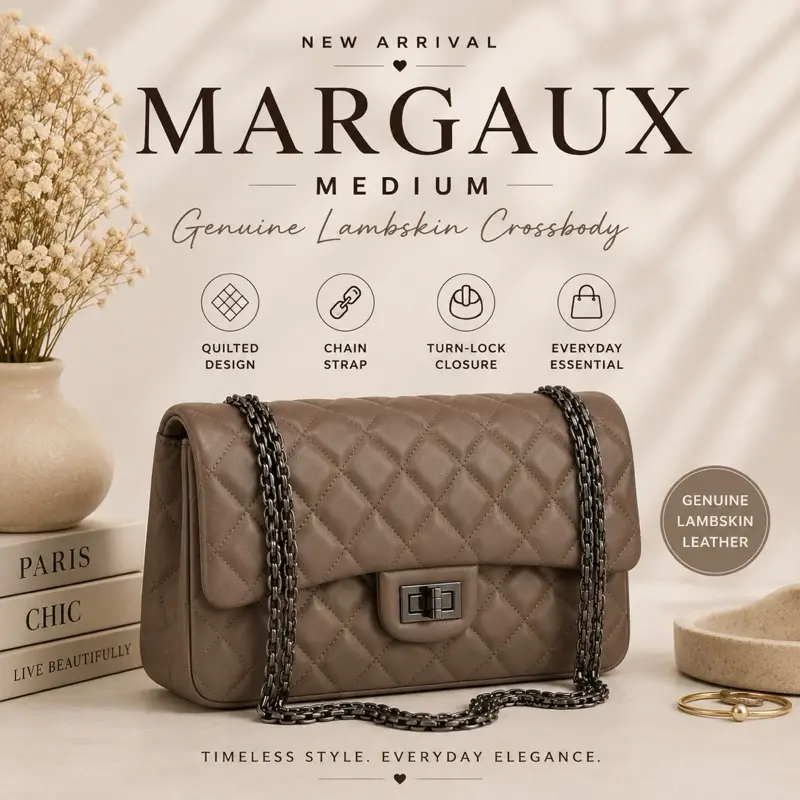 Women's Fashionable Quilted Genuine Lambskin Crossbody Handbag - Compact Shoulder Purse with Chain Strap, Elegant Versatile for Everyday Use, Handbag Shoulder Purse