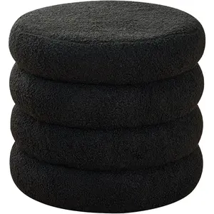 Round Storage Ottoman, Modern Sherpa Footstool, Teddy Vanity Stool with Flip-Top Tray, Makeup Chair for Home Decor, Upholstered Footrest for Living Room & Bedroom (Black)