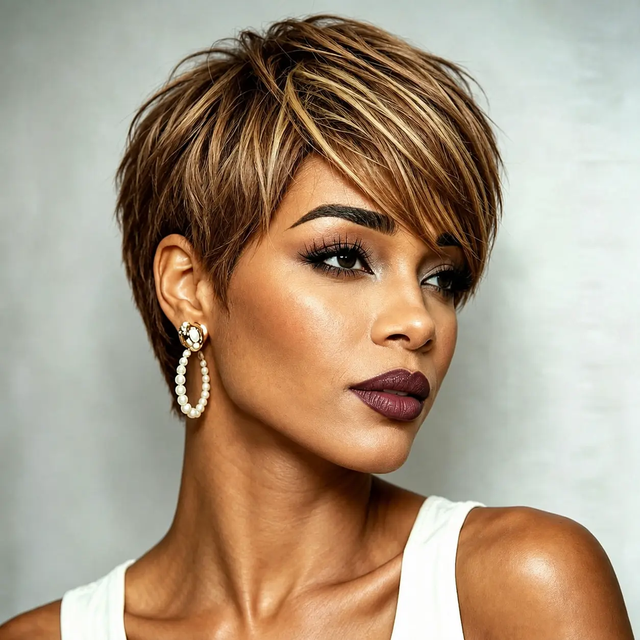 Women's Peruvian Human Hair Wig Suitable for Skin Tones - Short Layered Pixie Cut with Bangs, Brown & Blonde Blend, Machine-Made Straight Wig with Elastic for Special Occasions, Christmas Parties & Daily Wear ( Hair) style upgrade