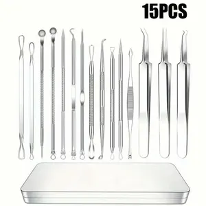 15-Piece Stainless Steel Blackhead Remover & Pimple Popper Kit – 410-Grade Professional Comedone Extractor Set for Acne & Blemish Removal, Includes Durable Metal Storage Case