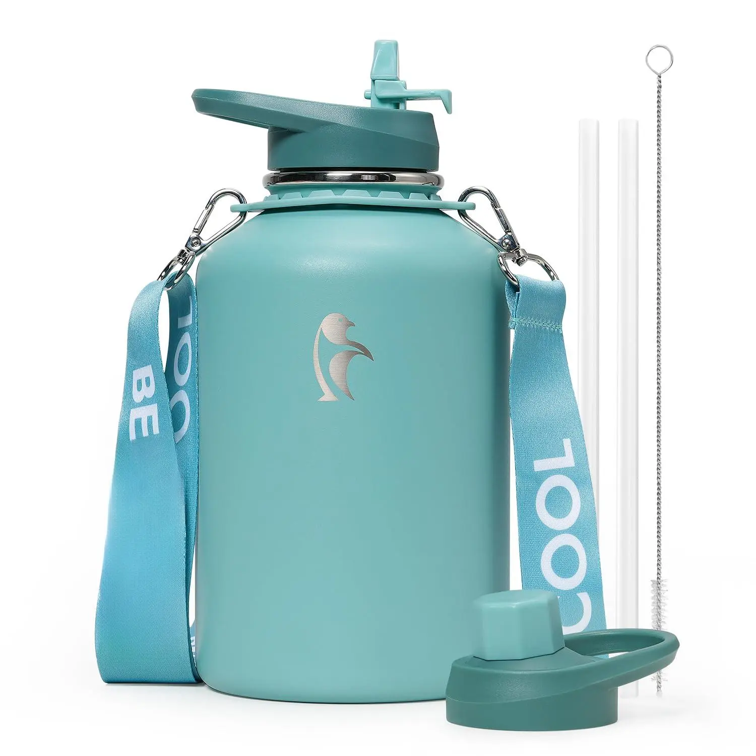 Insulated Water Bottle 64 Oz With Straw  Half Gallon Large Jug & Spout Lids Vacuum Stainless Steel Metal Flask Keep Cold 48h Hot 24h Leak Proof Non-bpa Agate Green