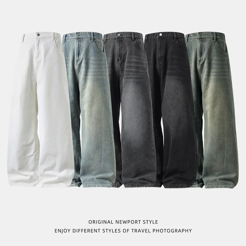 Men's Cotton Denim Baggy Jeans - Mid-Rise, Wide-Leg, Solid Color, Regular Length, Zipper Closure, Chic Fabric, Loose Wash, Year-Round Daily Casual Trousers