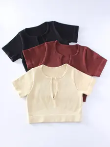 Women's Solid Ribbed Sports Tee, Breathable Comfortable Short Sleeve T-shirt for Yoga Gym Workout Running, Ladies Sportswear Gym Performance Top for All Seasons