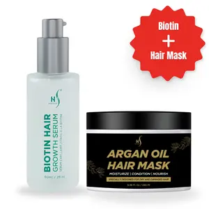 Herstyler Argan Oil Hair Mask & Biotin Hair Serum Set - Deep Conditioning, Growth & Shine for Dry, Damaged, Curly Hair - Anti-Frizz, Thickening, Non-Greasy