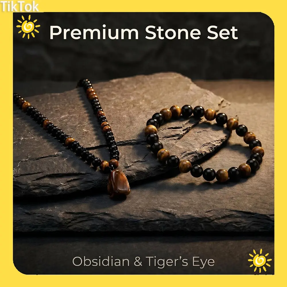 Natural Gemstones Jewelry Set for Adults, Polished 8mm Beads, 60cm Necklace with Pendant, Everyday Meaningful Gifts, Grounded, Confidence, Emotional Blockages, Spiritual Jewelry, Healing Crystals, Protective Obsidian, Workwear, Elastic, Hypoallergenic, An