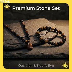 Unisex 8mm Obsidian-Tiger's Eye Beaded Jewelry Set, 60cm Natural Stone Healing Crystals Necklace & Bracelet for Wealth, Protection, Abundance