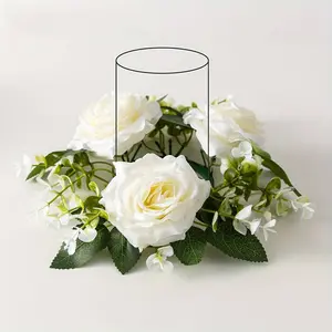 Realistic Rose Eucalyptus Candle Holder & Wreath Set, Perfect for Home Decor Party Wedding Table Arrangement, Romantic Artificial Flower Landscape