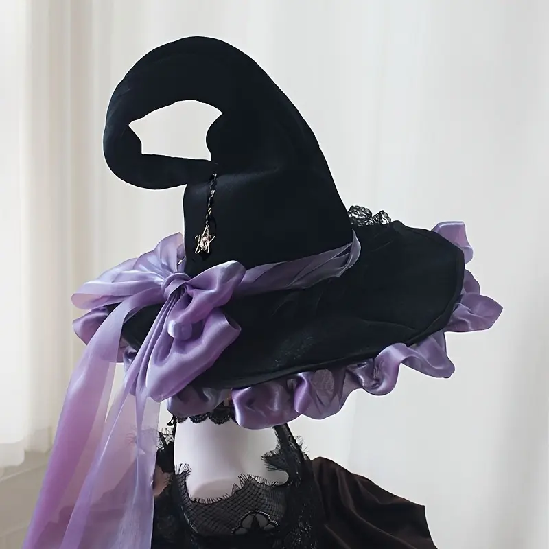 1pc Vintage Dark Gothic Style Large Butterfly Exaggerated Pointed Top Halloween Lolita Style Cosplay Witch Hat Sorceress Night Watch Knit Wide Brim Women'S Hat - Hand Wash Solely