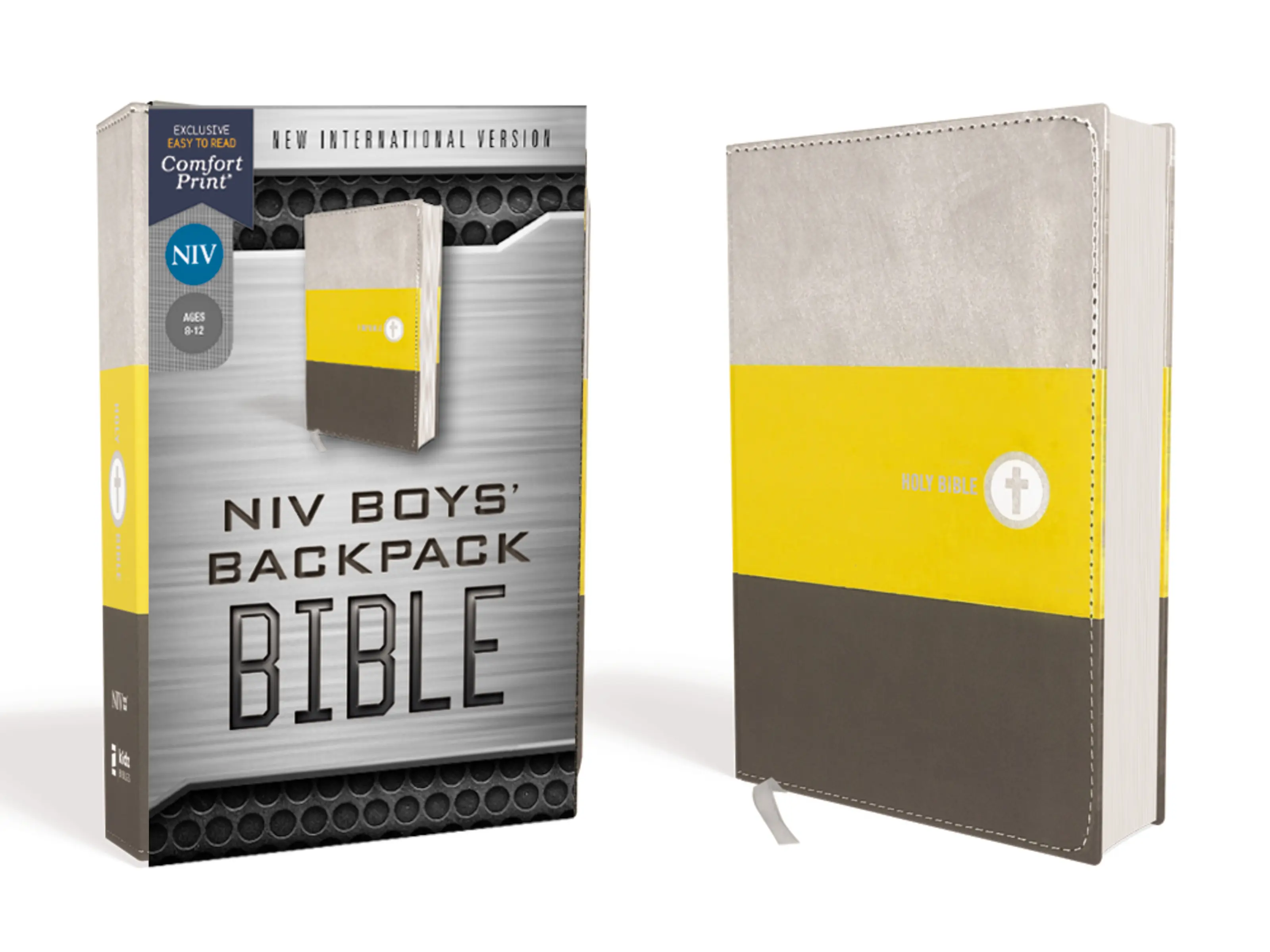 NIV, Boys' Backpack Bible, Compact, Leathersoft, Yellow/Gray, Red Letter, Comfort Print by Zondervan [Leatherbound Book]