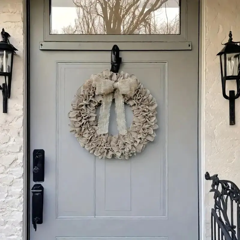 Rustic Burlap Wreath with Large Bow, Neutral Color, All-Season Farmhouse Decor, Housewarming Gift, Front Door or Wall Decoration, Door Decorations, Hangable, Hanging Home Decor, Lightweight