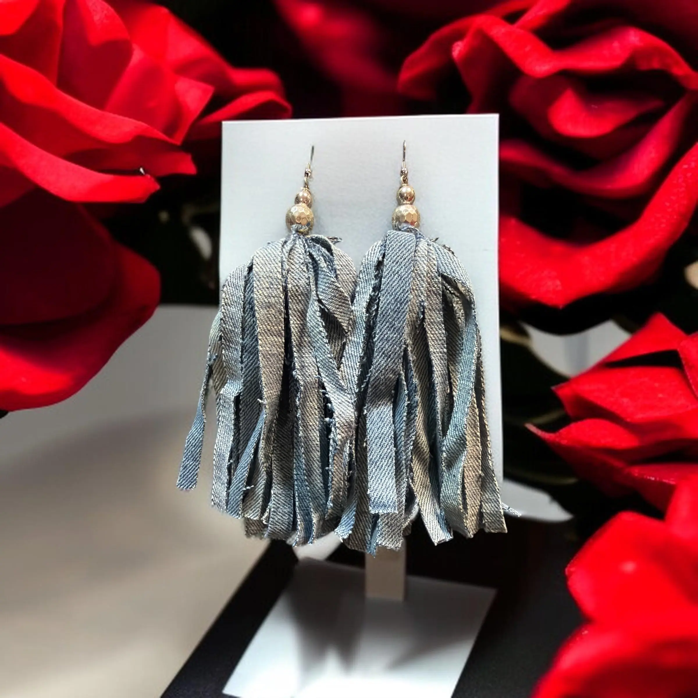 Denim and Sliver Fabric Tassel Earrings