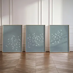 Set of 3 Blue Japandi Wall Art Prints | Minimalistic Flock of Birds Japanese Posters | Scandinavian Linen Look Home Decor
