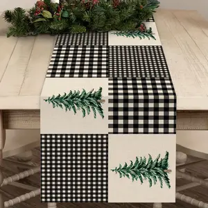1pc, Black And White Checkered Table Runner, Pine Tree Pattern Dining Table Home And Kitchen Decoration, Winter Country Style Holiday Restaurant Decoration, Housewarming Gift Party Supplies
