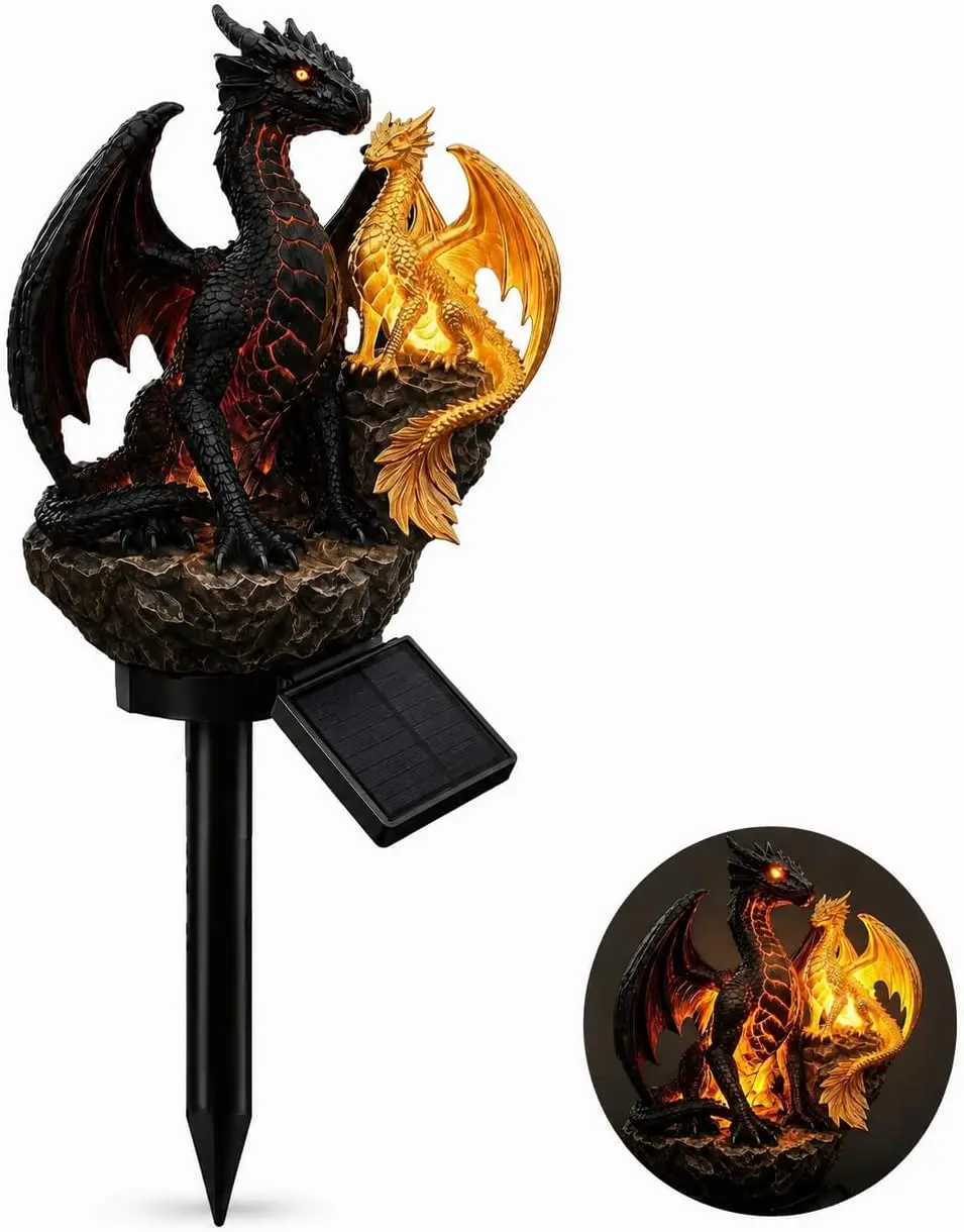 Gothic Dragon Garden Solar Outdoor Lights  , Resin Outdoor Decor with Golden Amber Glow, Stake Light for Patio, Lawn Halloween Home Improvement Lighting