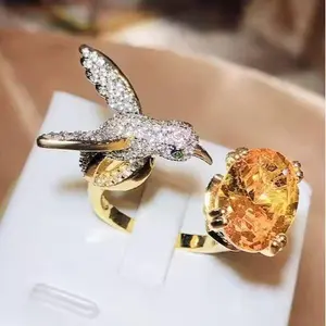 Hummingbird Yellow Orange Stone Silver Plated Hummingbird Unique One Size Ring with Green Stone - Charming Design for Formal & Casual Occasions sarah kim