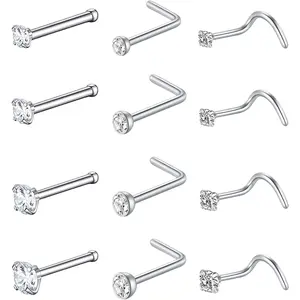 12 count 22G,20G,18G  Grade Steel Nose Ring & Earring Set, Unisex Cubic Zirconia Imitation , L-Shaped, Straight, and Spiral Push-Put Styles Multi-Purpose Nose  , 0.6mm,0.8mm,1.0mm