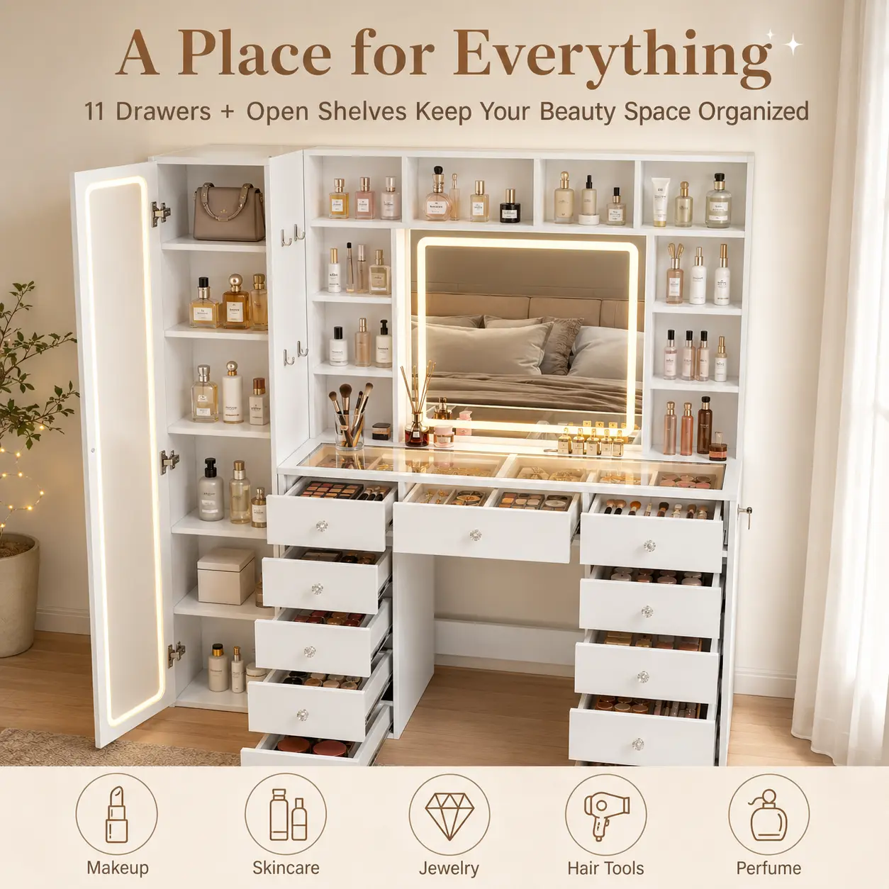 60.8" Large Makeup Vanity Table with Full-Length Mirror, RGB LED Lights, Transparent Glass Top, Built-in Charging Station, 11 Drawers, 10 Shelves and Stool