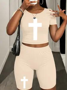 Cross Pattern print Two-Piece Set Women's Lip Print Short Sleeve Crop Top & Skinny Jumpsuit, Casual Fashion Cozy Round Neck Tee & Jumpsuit for Daily Outdoor Wear, Ladies Clothes for Spring, Overalls