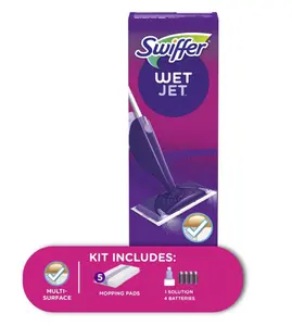 Swiffer WetJet Mop Starter Kit 1 Spray Mop, 5 Mopping Pads, 1 Floor Cleaner Liquid Solution 16.9 oz
