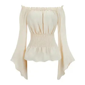 Renaissance Shirt Blouse Off Shoulder Trumpet Long Sleeve Peasant Tops Medieval Victorian Costume 6530-D1