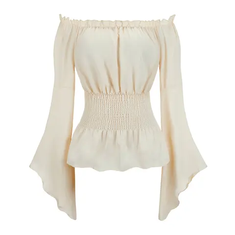 Women's Elegant Off-Shoulder Renaissance Peasant Blouse - Fitted Smocked Waist, Trumpet Sleeves, Plain Boho Dressy Off Shoulder Tops, Medieval Costumes, Christmas All Seasons Wear