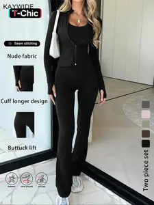 Women's Casual Sporty Slim-Fit Two-Piece Set, Plain Pattern Crop Top & Pants, Thin Fabric Fall, Comfortable Daily Wear