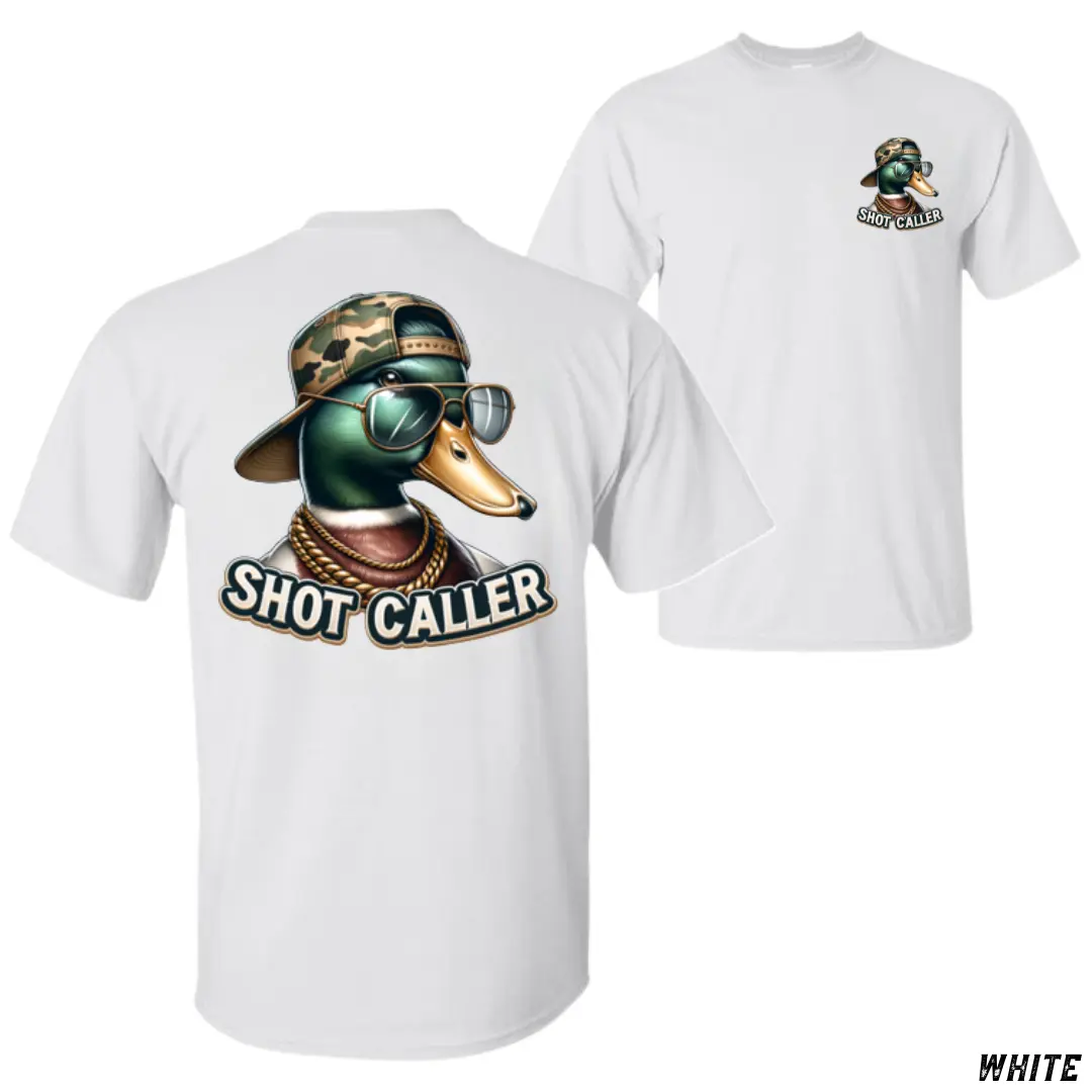 Shot Caller Duck T-Shirt, Cool Mallard in Shades Graphic Tee, Hip-Hop Inspired Soft Cotton Shirt, Funny Hunting Apparel for Men, Bold Gift for Waterfowl Fans