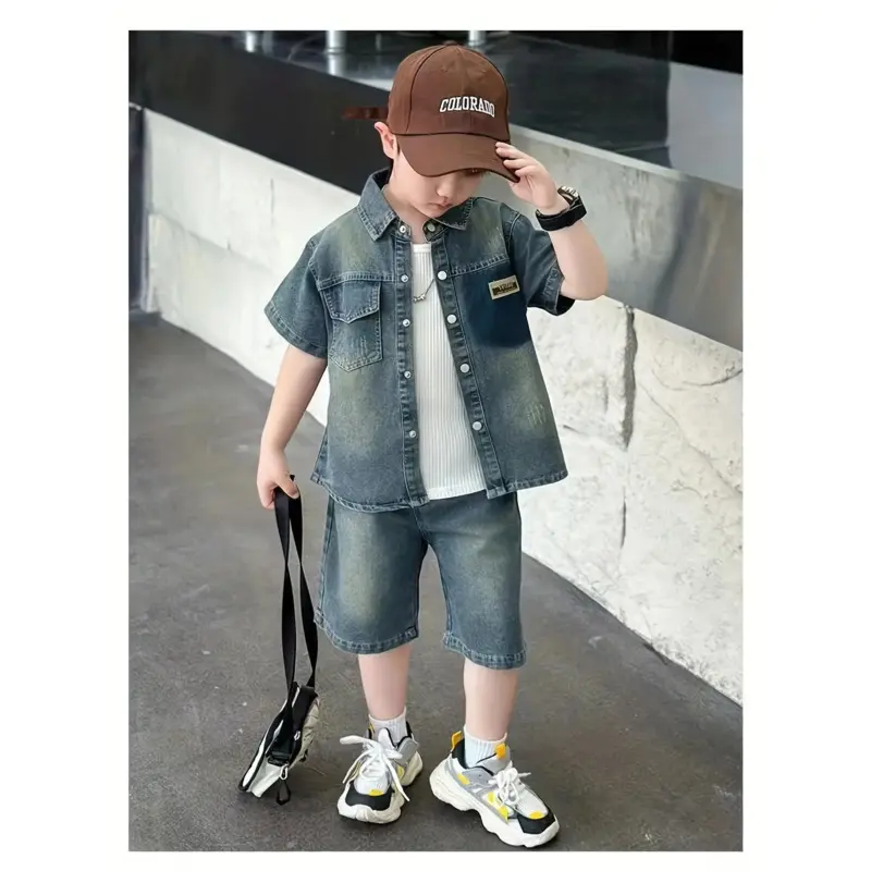 Boys' Summer Pocket Patch Denim Set 2026 New Fashion Two-Piece Outfit Teenagers, Stylish Wear Teenagers and Preschool Children, Perfect Outdoor Wear