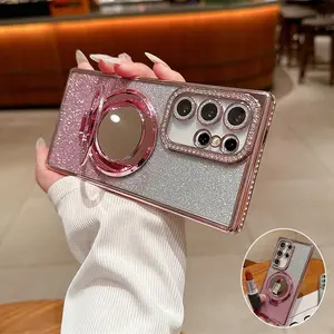 Glitter Camera Design Phone Case with Mirror Stand, Anti-drop Phone Protective Cover, Phone Accessories Compatible with Samsung Galaxy S26 S25 Ultra S24 Ultra S23 Ultra S22 Ultra, Casing